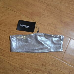 PrettyLittleThing silver high shine bandeau bikini top-Size 4
